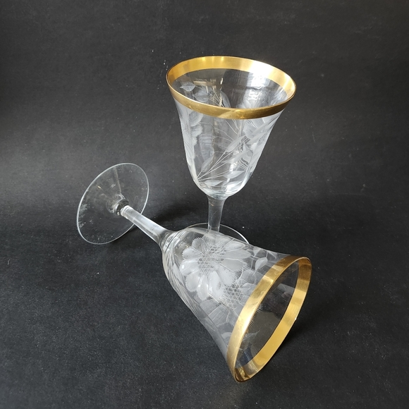 Set of 2 VTG 24K Gold Banded Etched Sun Flower Wine Glasses,  Crystal barware - Picture 10 of 11